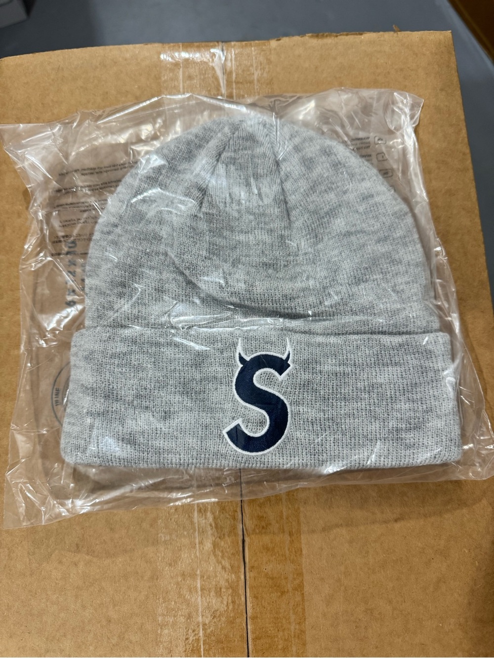 Supreme Gray Beanie with Navy Devil 'S' Emblem